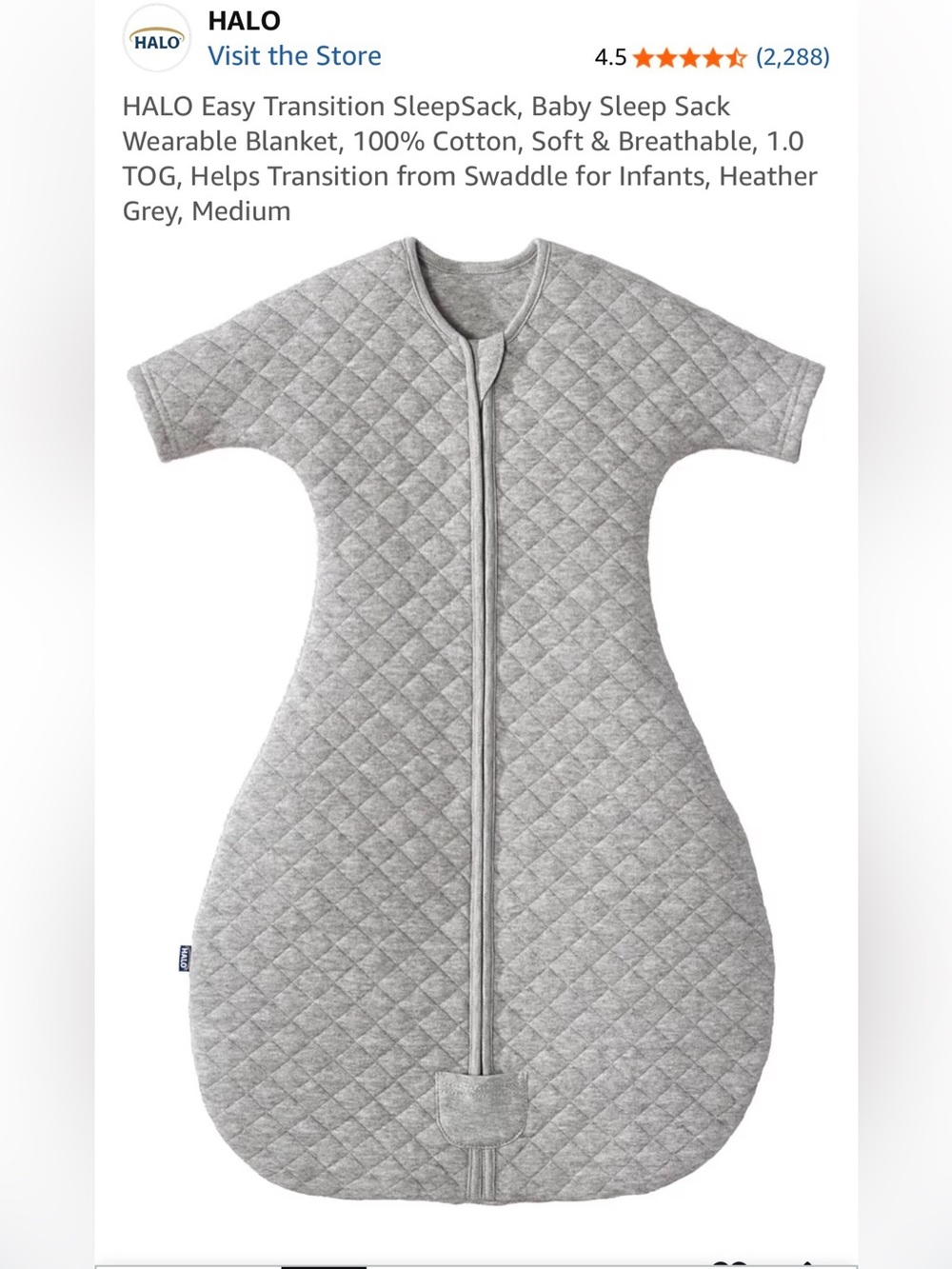 Halo Quilted Infant transition Sleep Sack in Heather Grey